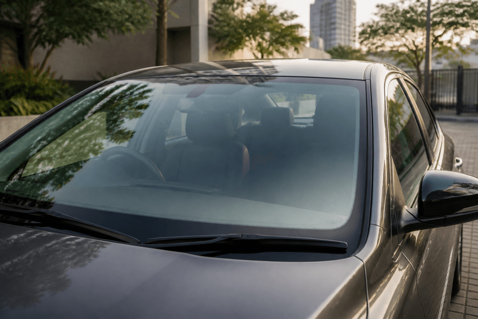 A parked modern car viewed from outside, with its windshield ready for a Snagit contact tag